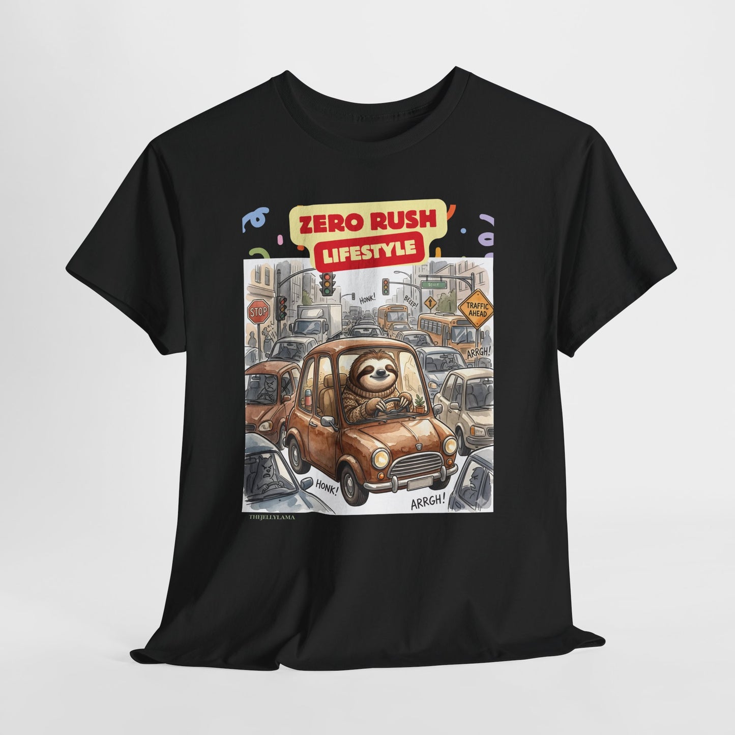 Zero Rush Lifestyle Tee — Cute Sloth Driving Graphic T-Shirt