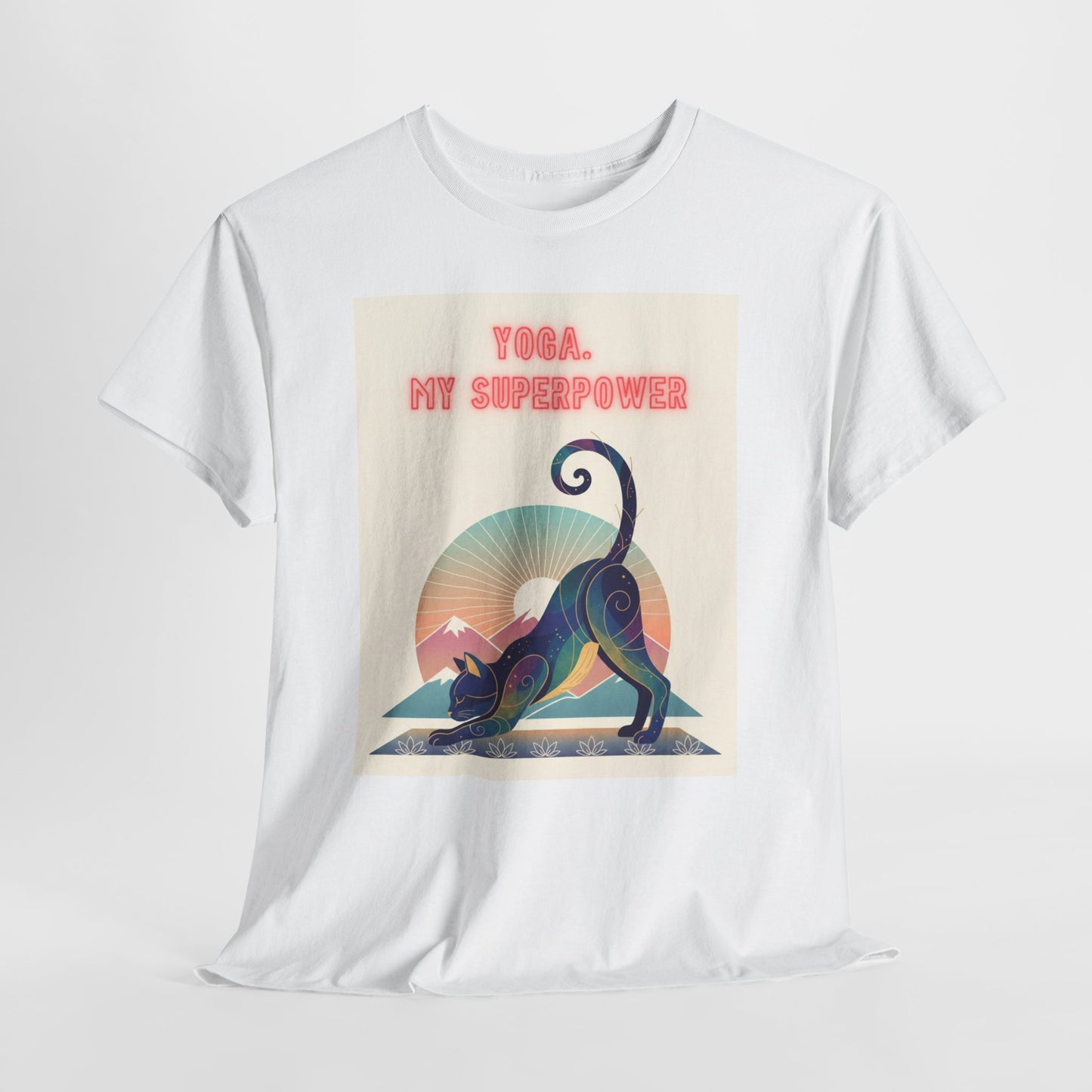 Yoga My Superpower T-Shirt — Vintage Sunset Downward Cat Tee