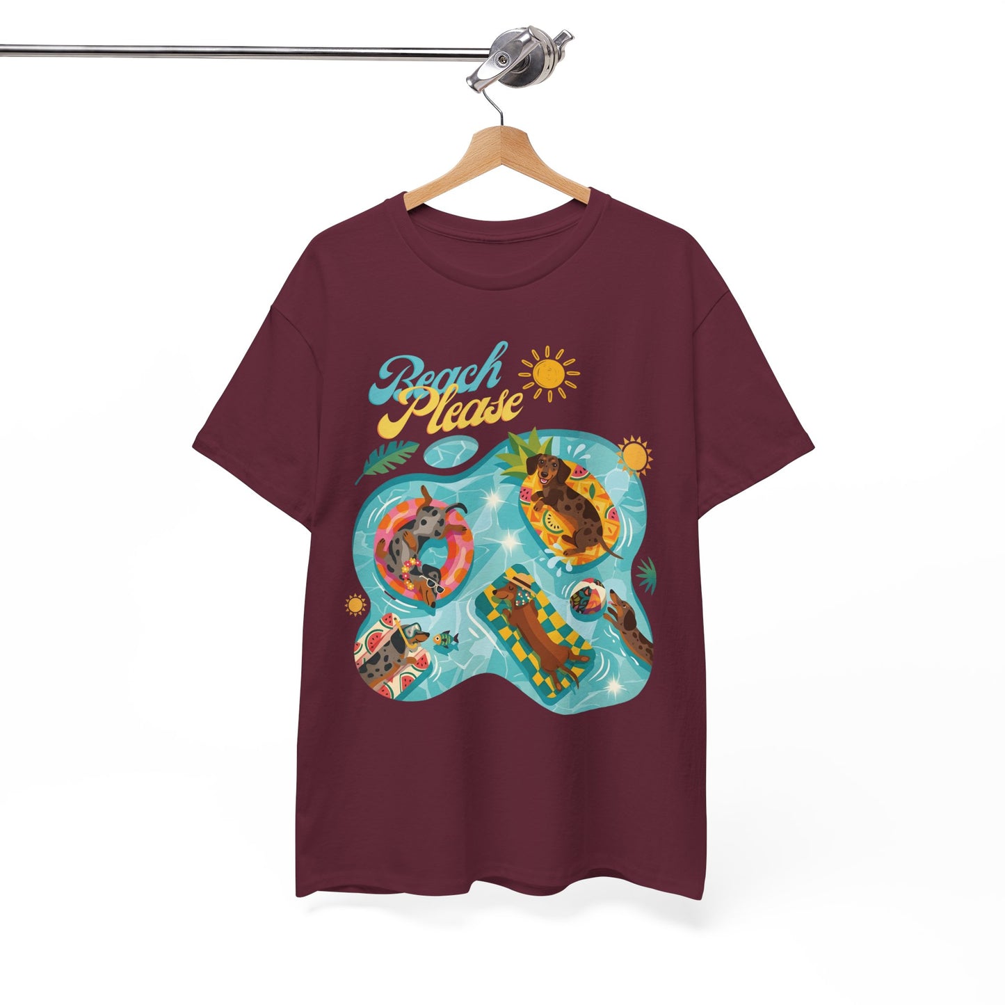Unisex Beach Please Dachshund T-Shirt, Funny Weiner Dog Summer Shirt, Doxie Pool Party Tee, Cute Dog Lover Gift, Summer Vacation Top, Sausage Dog Graphic Tee