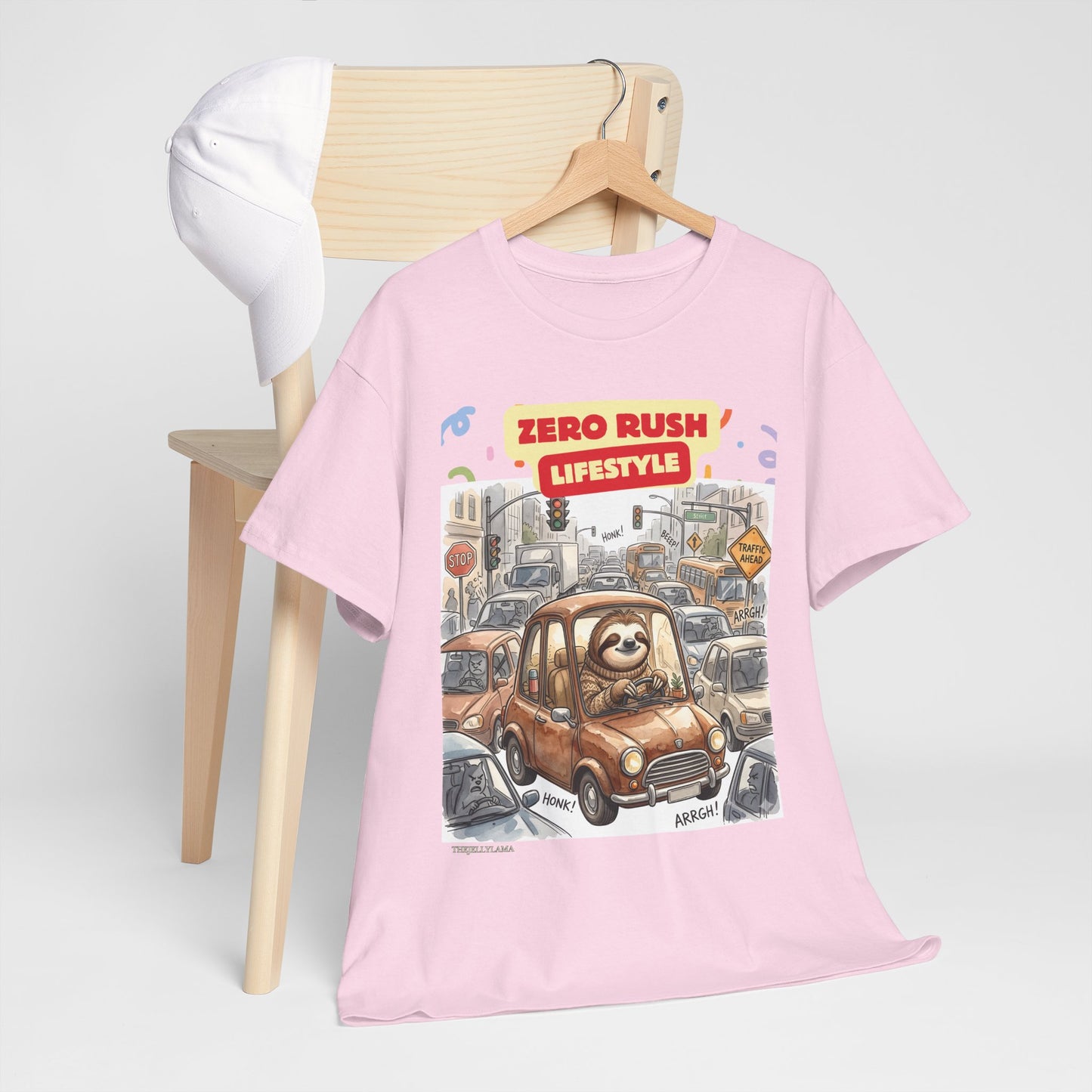 Zero Rush Lifestyle Tee — Cute Sloth Driving Graphic T-Shirt