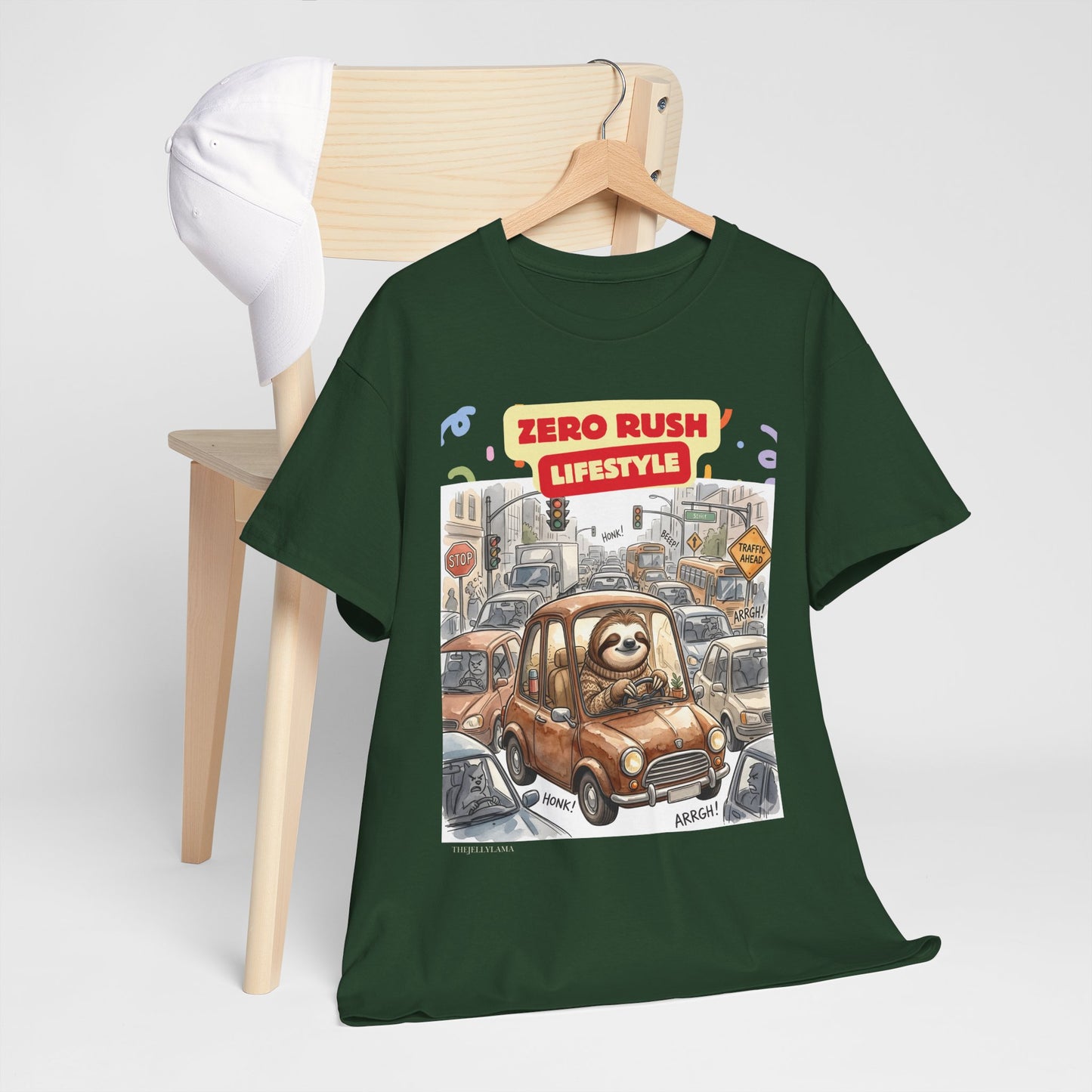 Zero Rush Lifestyle Tee — Cute Sloth Driving Graphic T-Shirt