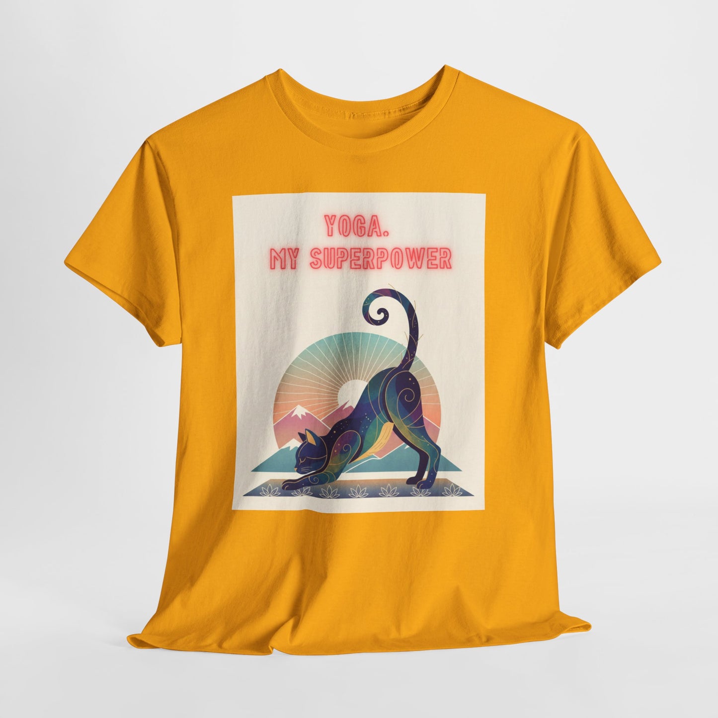 Yoga My Superpower T-Shirt — Vintage Sunset Downward Cat Tee