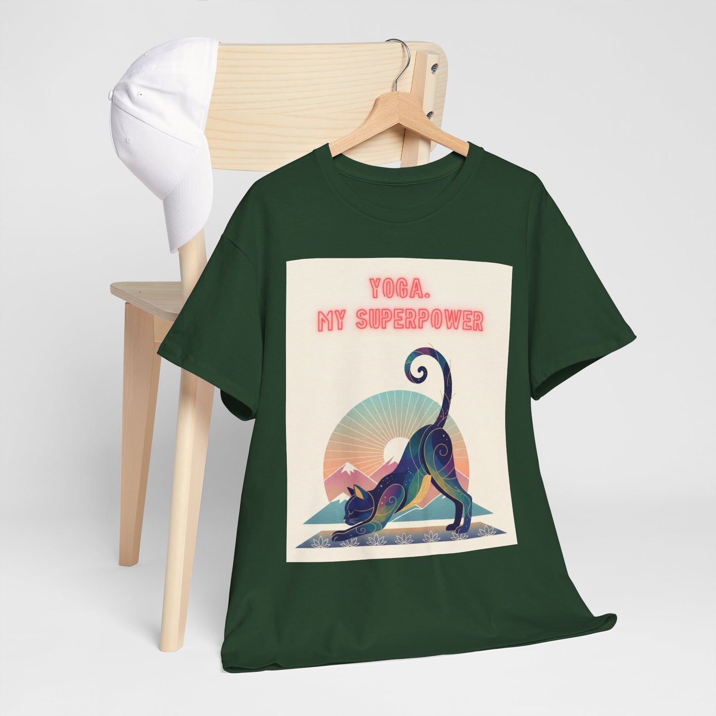 Yoga My Superpower T-Shirt — Vintage Sunset Downward Cat Tee