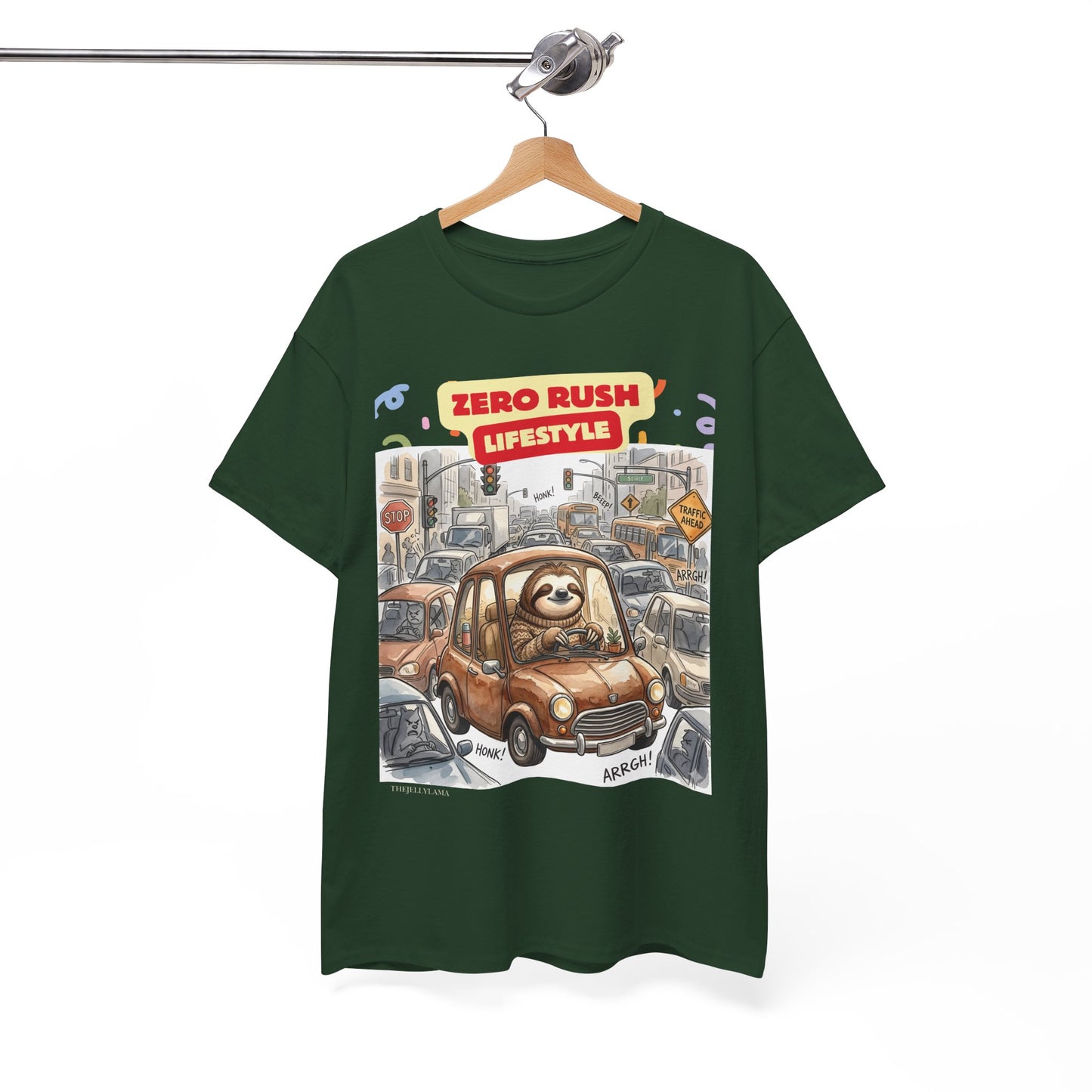 Zero Rush Lifestyle Tee — Cute Sloth Driving Graphic T-Shirt