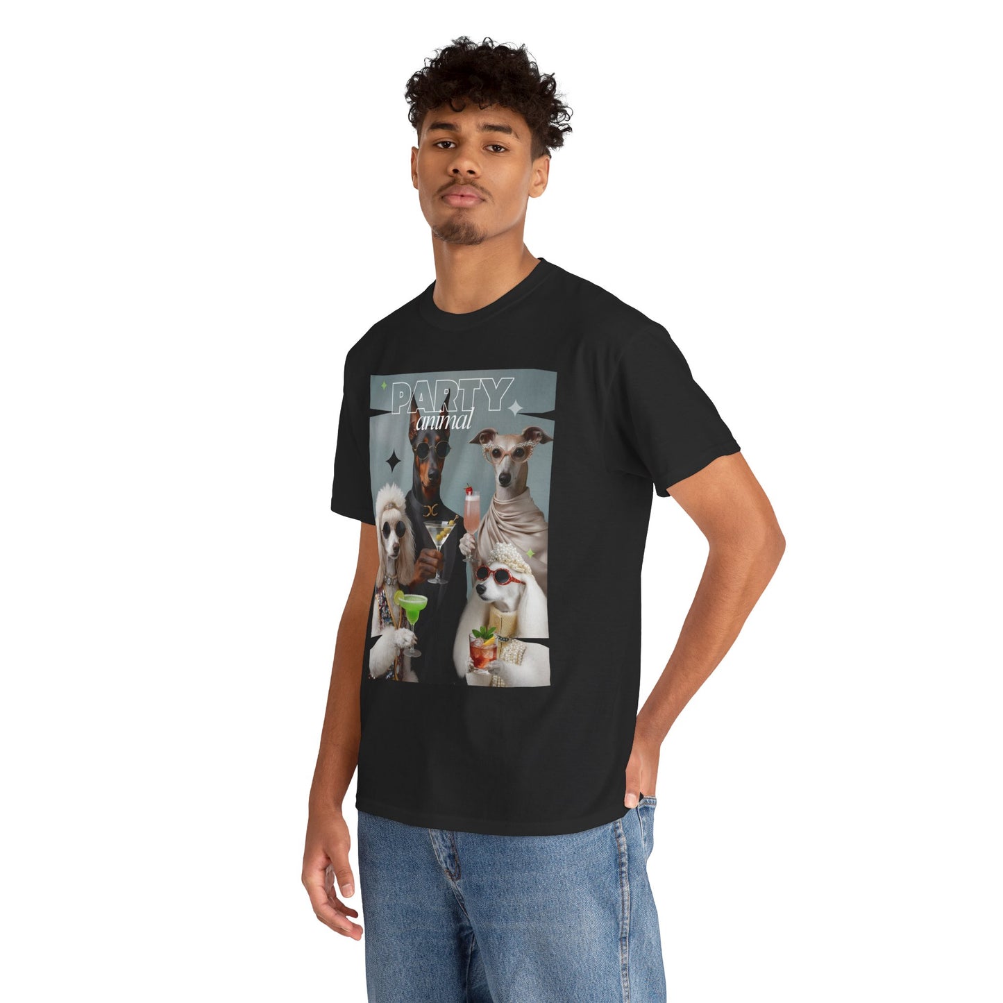 Unisex T-Shirt —Fashionable Dogs Holding Cocktails Graphic Shirt – Unique Gift for Whippet & Poodle Owners