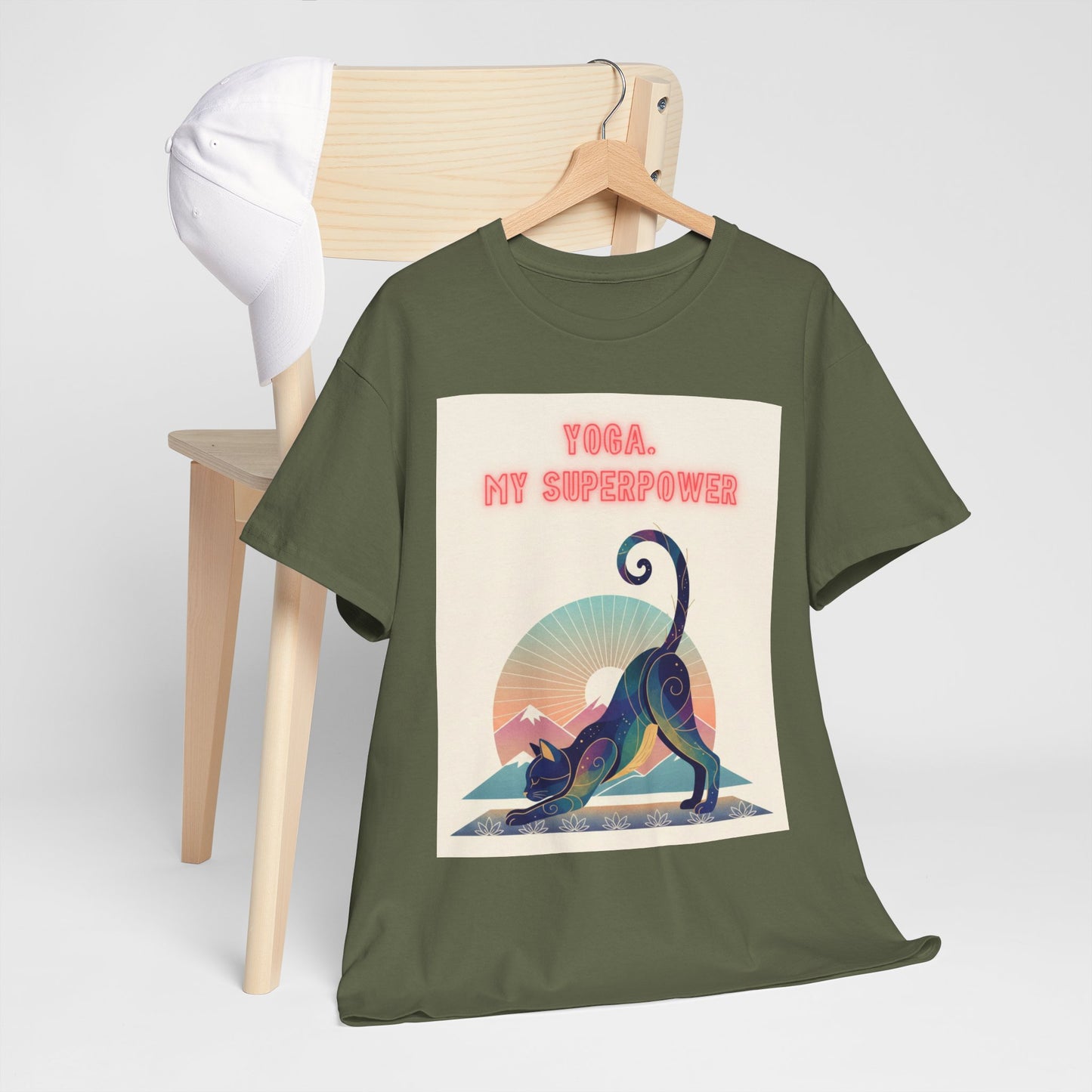 Yoga My Superpower T-Shirt — Vintage Sunset Downward Cat Tee