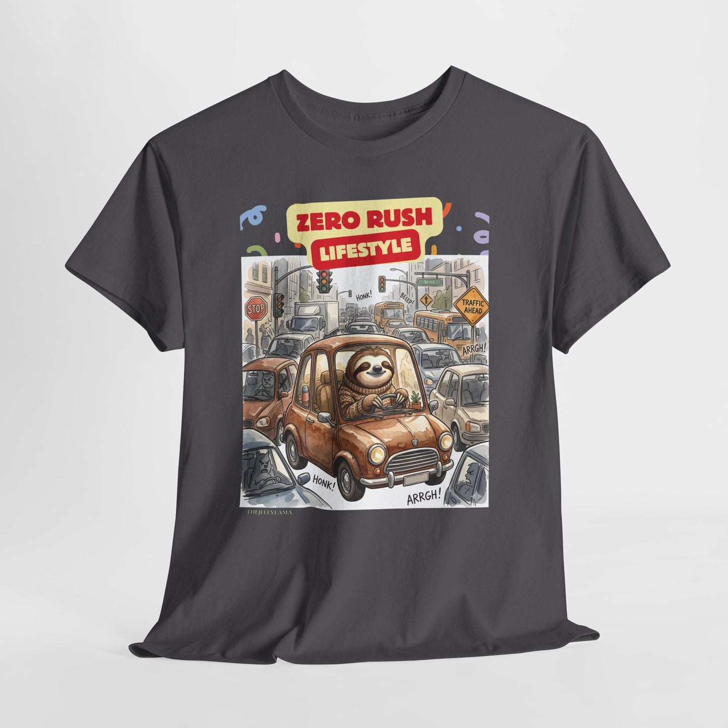 Zero Rush Lifestyle Tee — Cute Sloth Driving Graphic T-Shirt