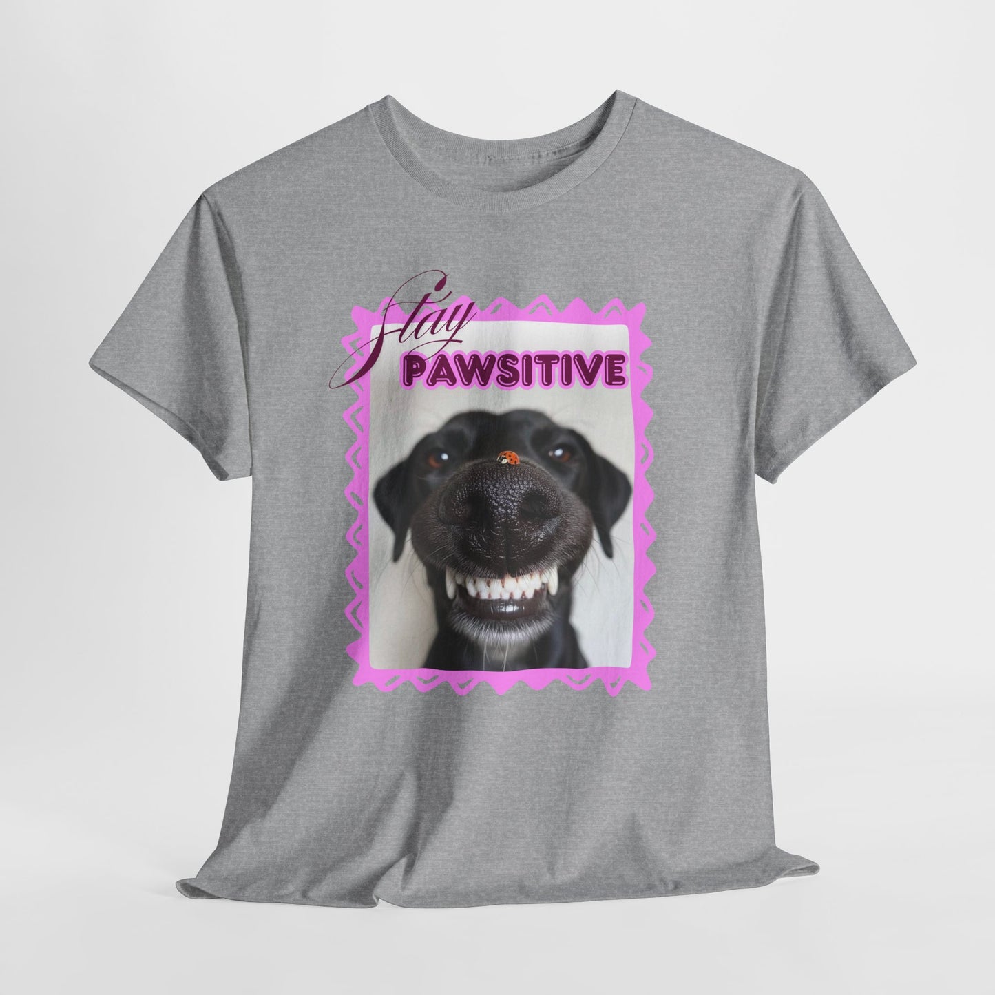 Stay Pawsitive Dog Shirt, Funny Smiling Dog T-Shirt, Gift for Dog Lover, Black Dog with Ladybug Graphic Tee
