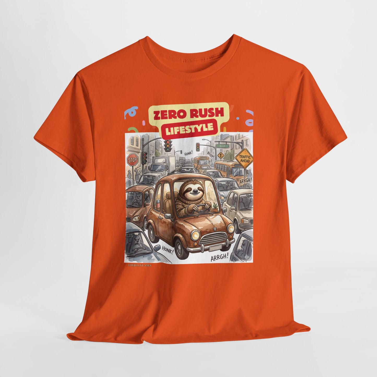 Zero Rush Lifestyle Tee — Cute Sloth Driving Graphic T-Shirt