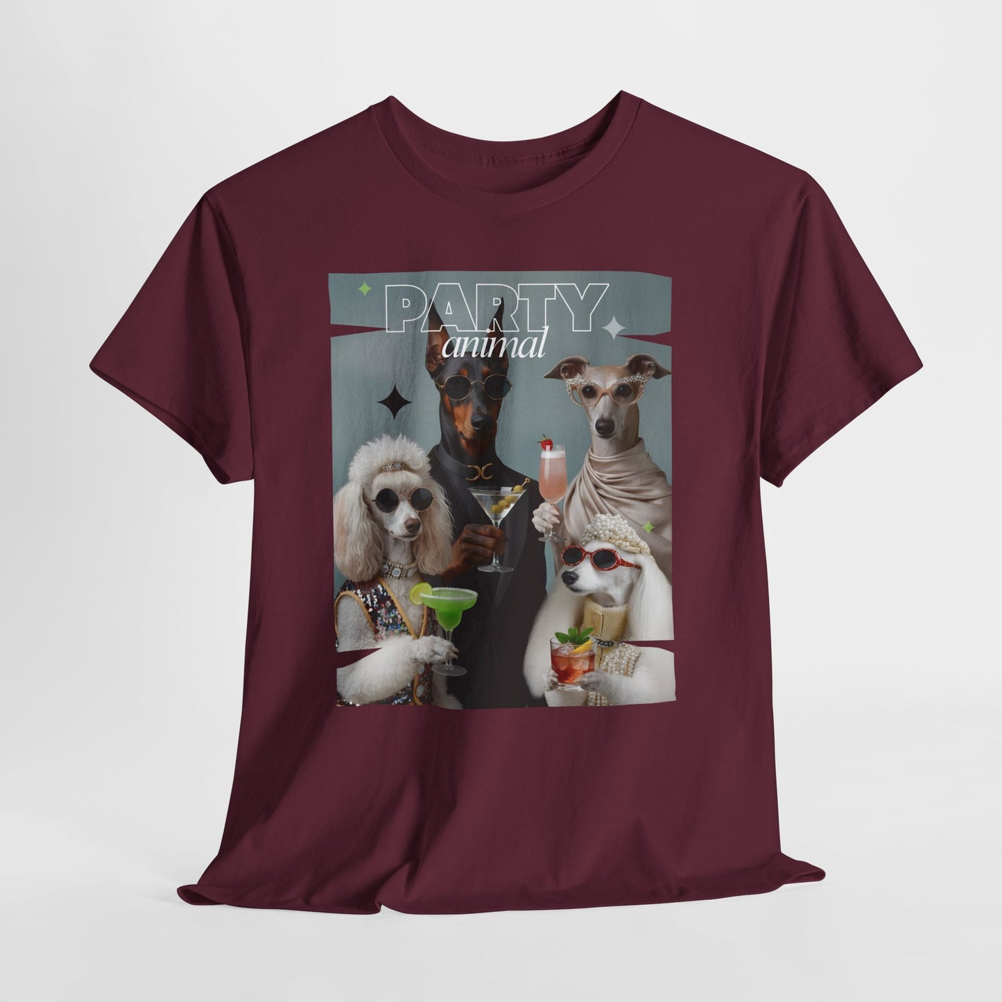 Unisex T-Shirt —Fashionable Dogs Holding Cocktails Graphic Shirt – Unique Gift for Whippet & Poodle Owners