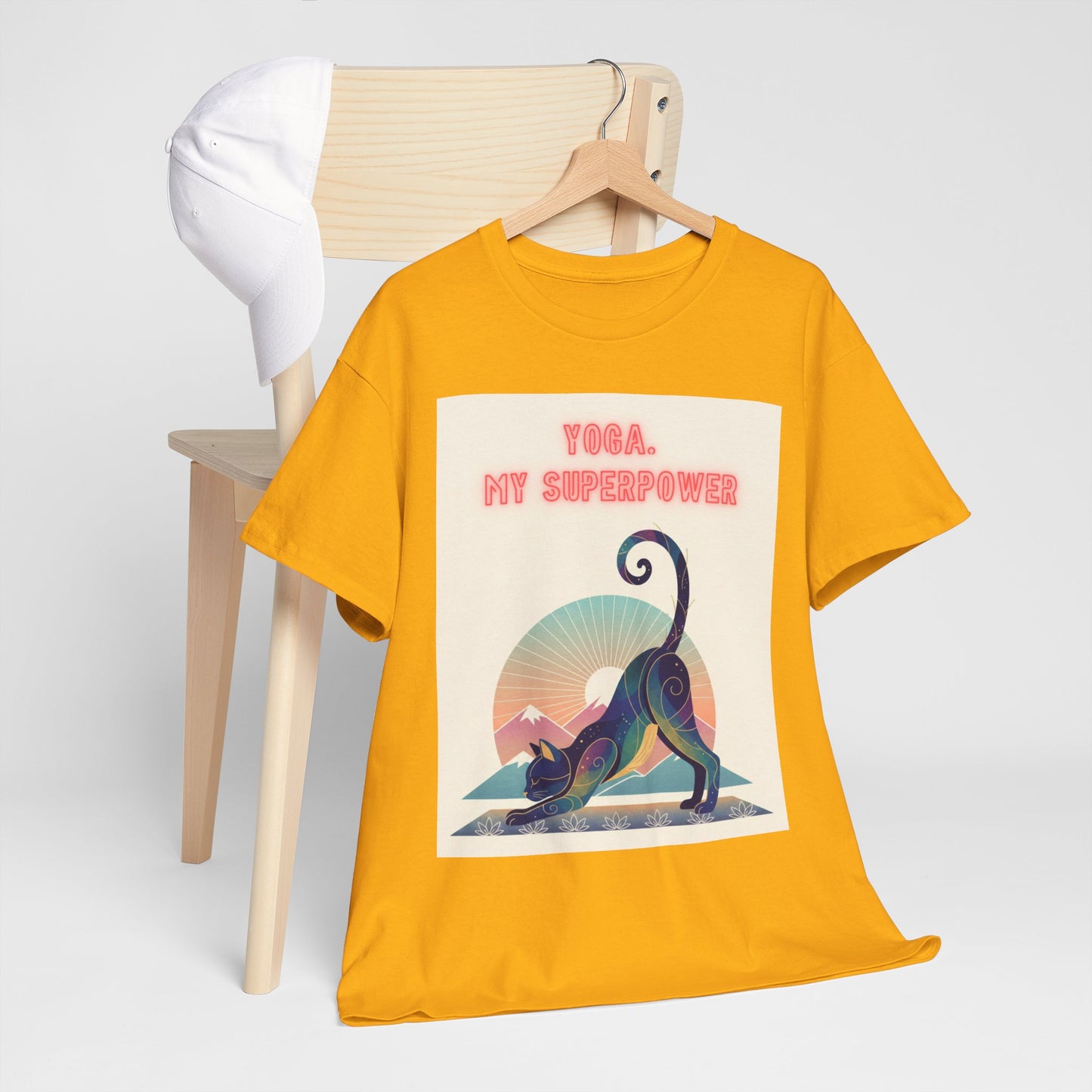 Yoga My Superpower T-Shirt — Vintage Sunset Downward Cat Tee