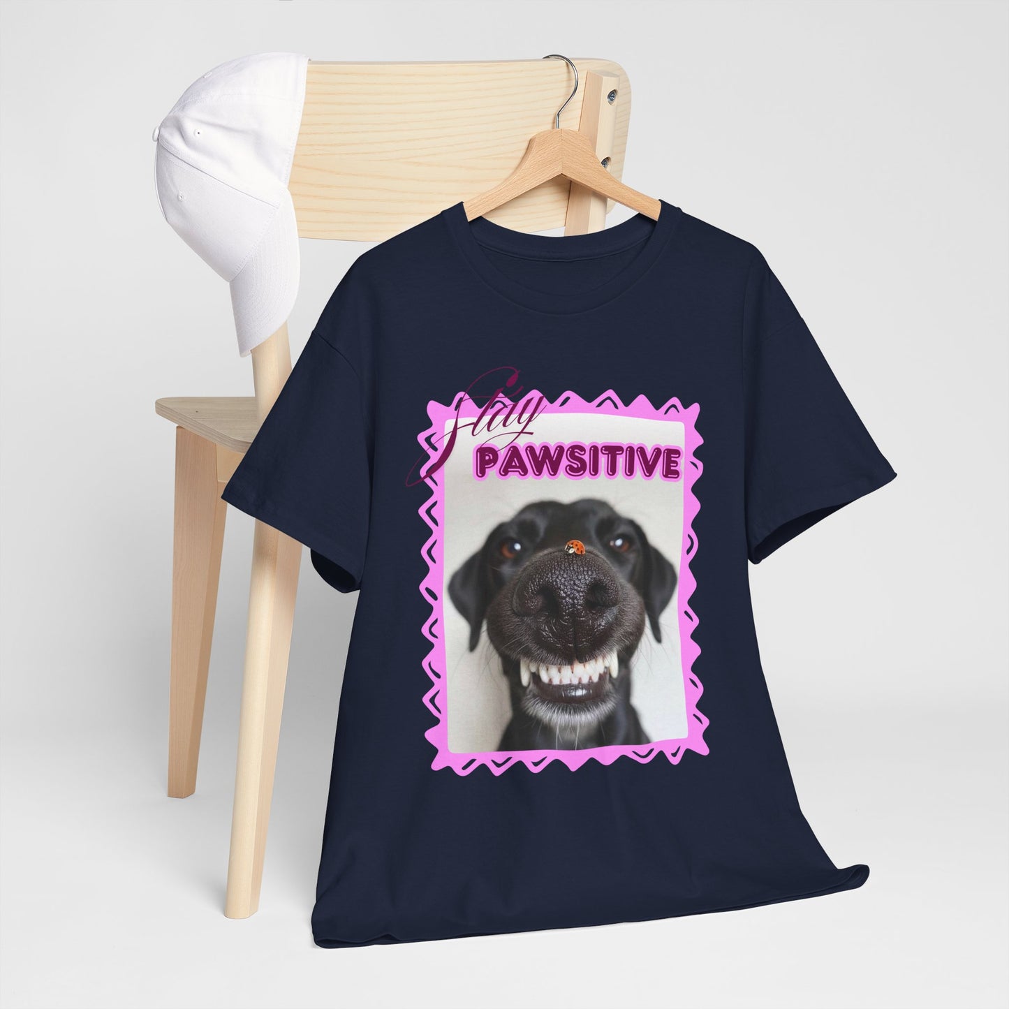 Stay Pawsitive Dog Shirt, Funny Smiling Dog T-Shirt, Gift for Dog Lover, Black Dog with Ladybug Graphic Tee