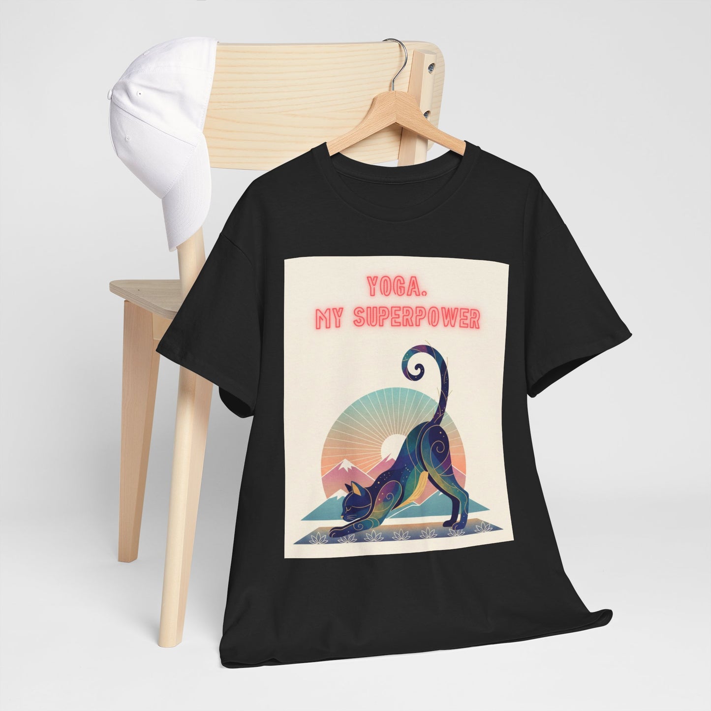 Yoga My Superpower T-Shirt — Vintage Sunset Downward Cat Tee