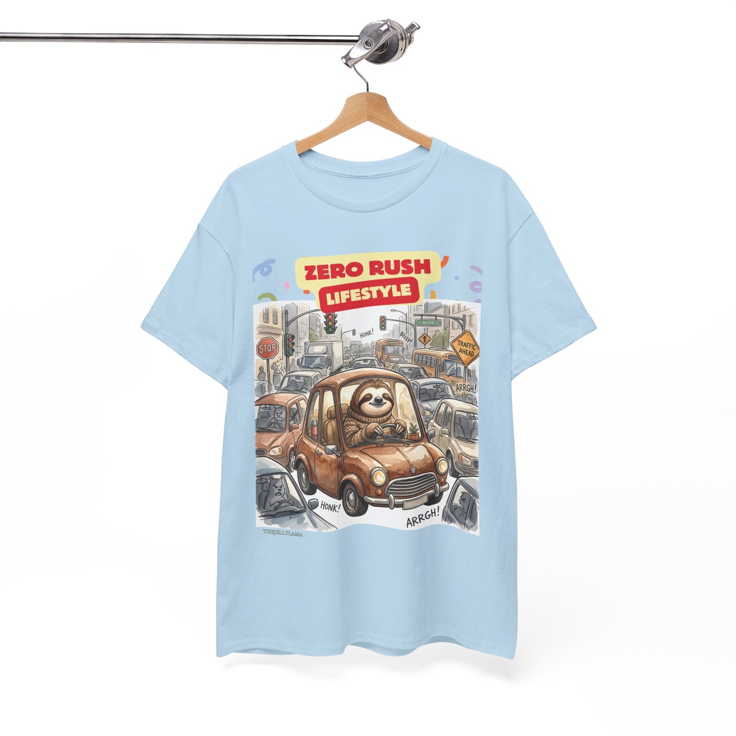 Zero Rush Lifestyle Tee — Cute Sloth Driving Graphic T-Shirt