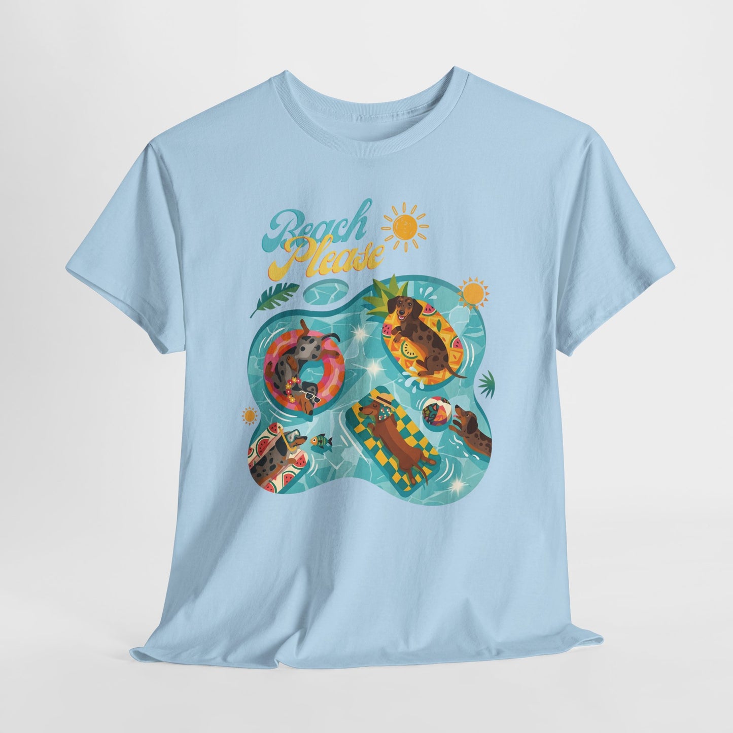 Unisex Beach Please Dachshund T-Shirt, Funny Weiner Dog Summer Shirt, Doxie Pool Party Tee, Cute Dog Lover Gift, Summer Vacation Top, Sausage Dog Graphic Tee