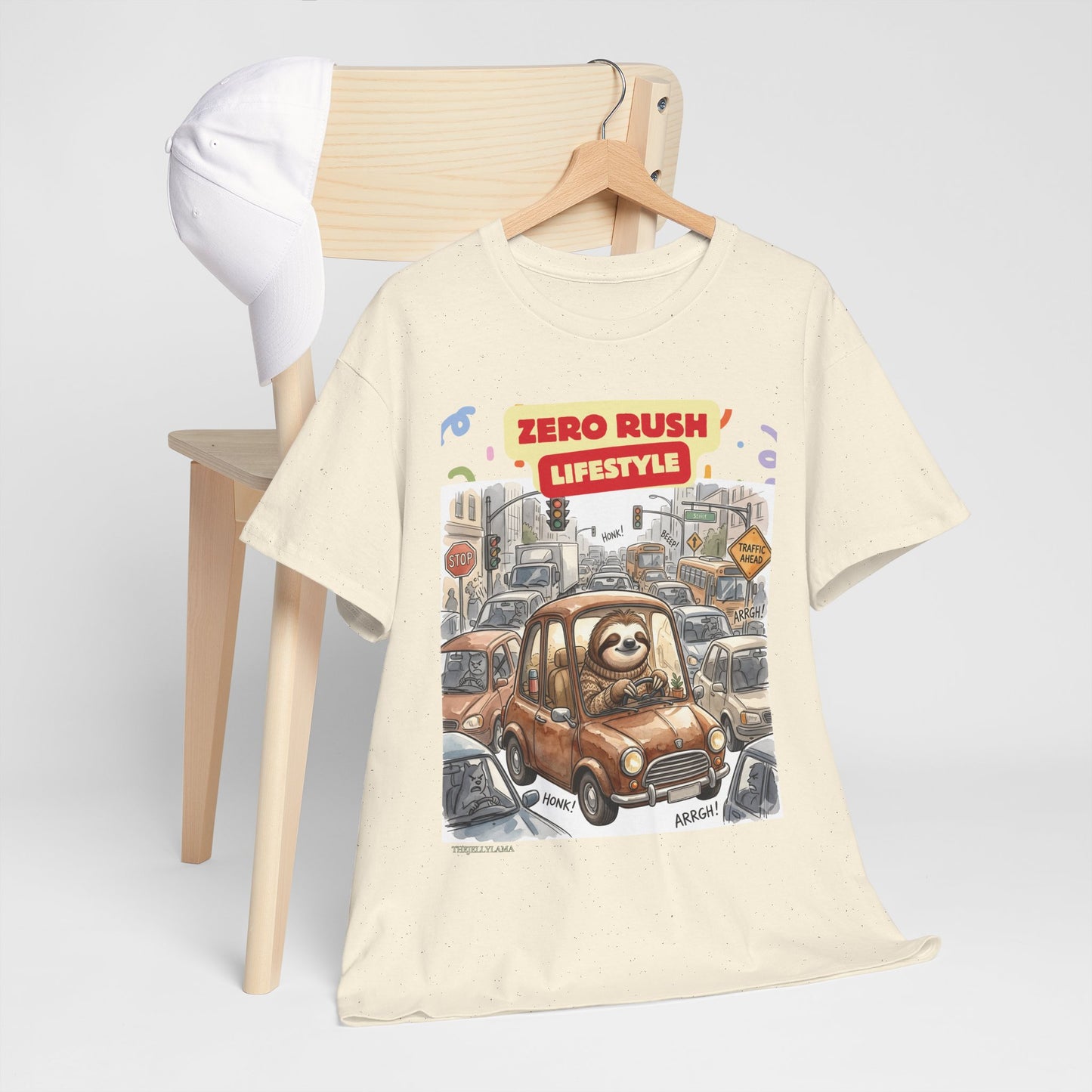 Zero Rush Lifestyle Tee — Cute Sloth Driving Graphic T-Shirt