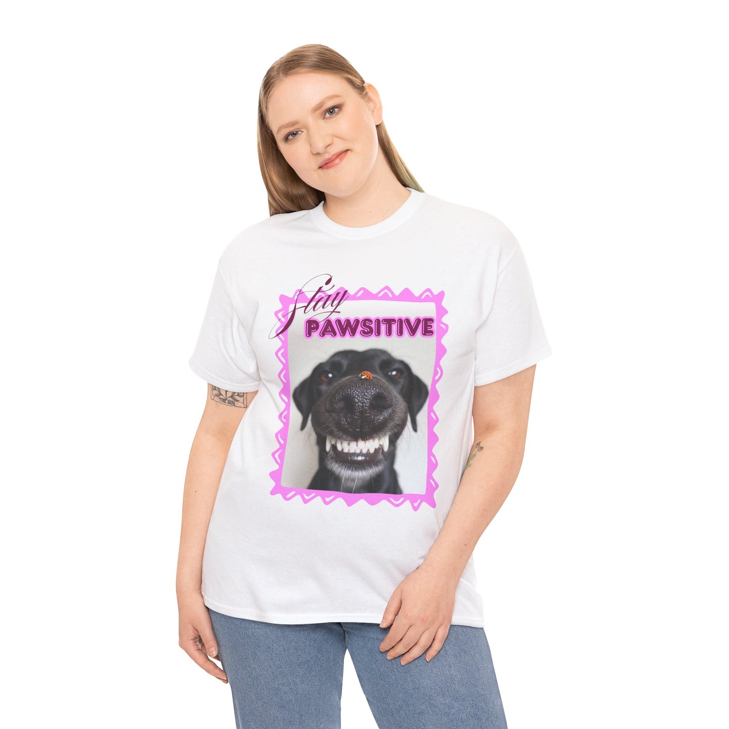 Stay Pawsitive Dog Shirt, Funny Smiling Dog T-Shirt, Gift for Dog Lover, Black Dog with Ladybug Graphic Tee
