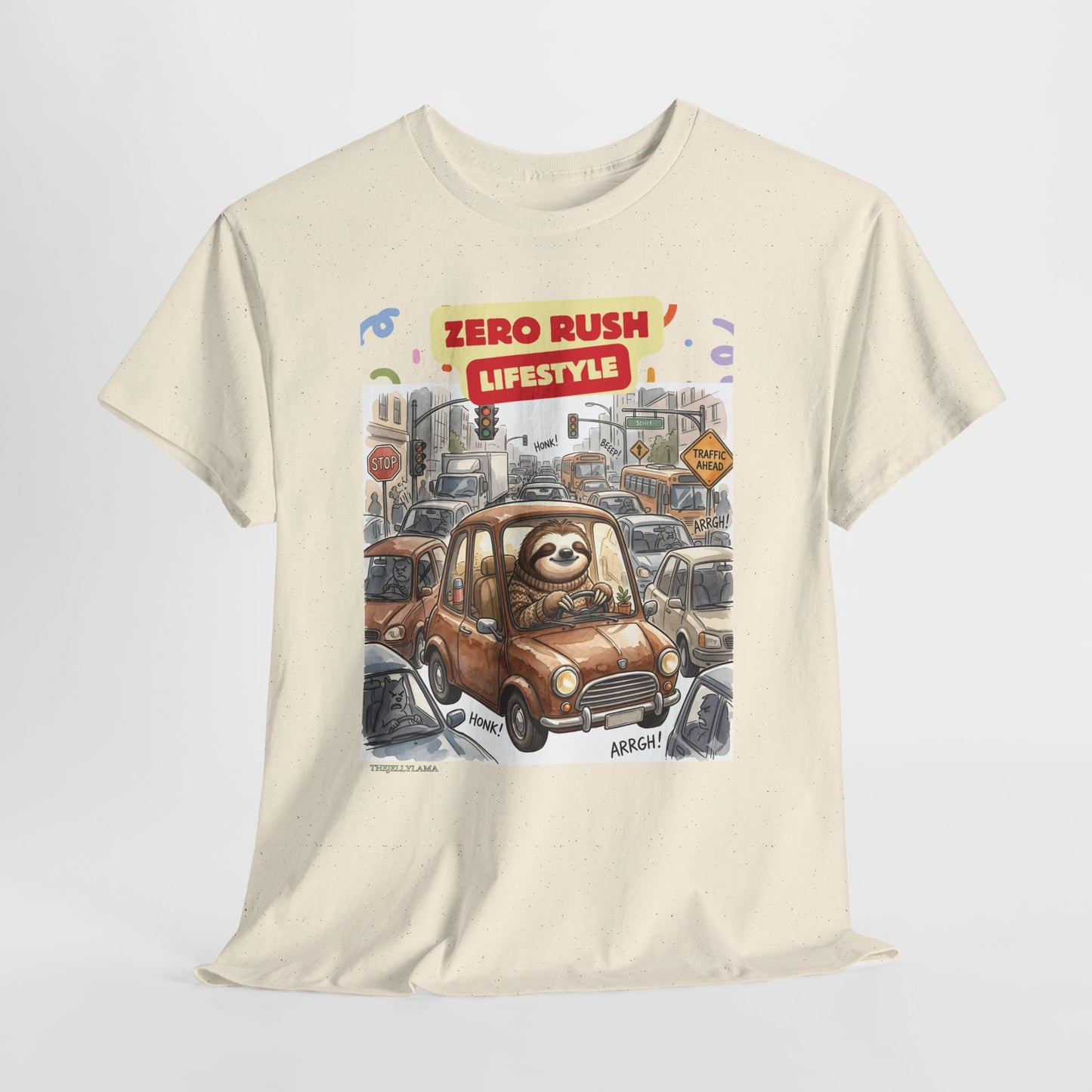 Zero Rush Lifestyle Tee — Cute Sloth Driving Graphic T-Shirt