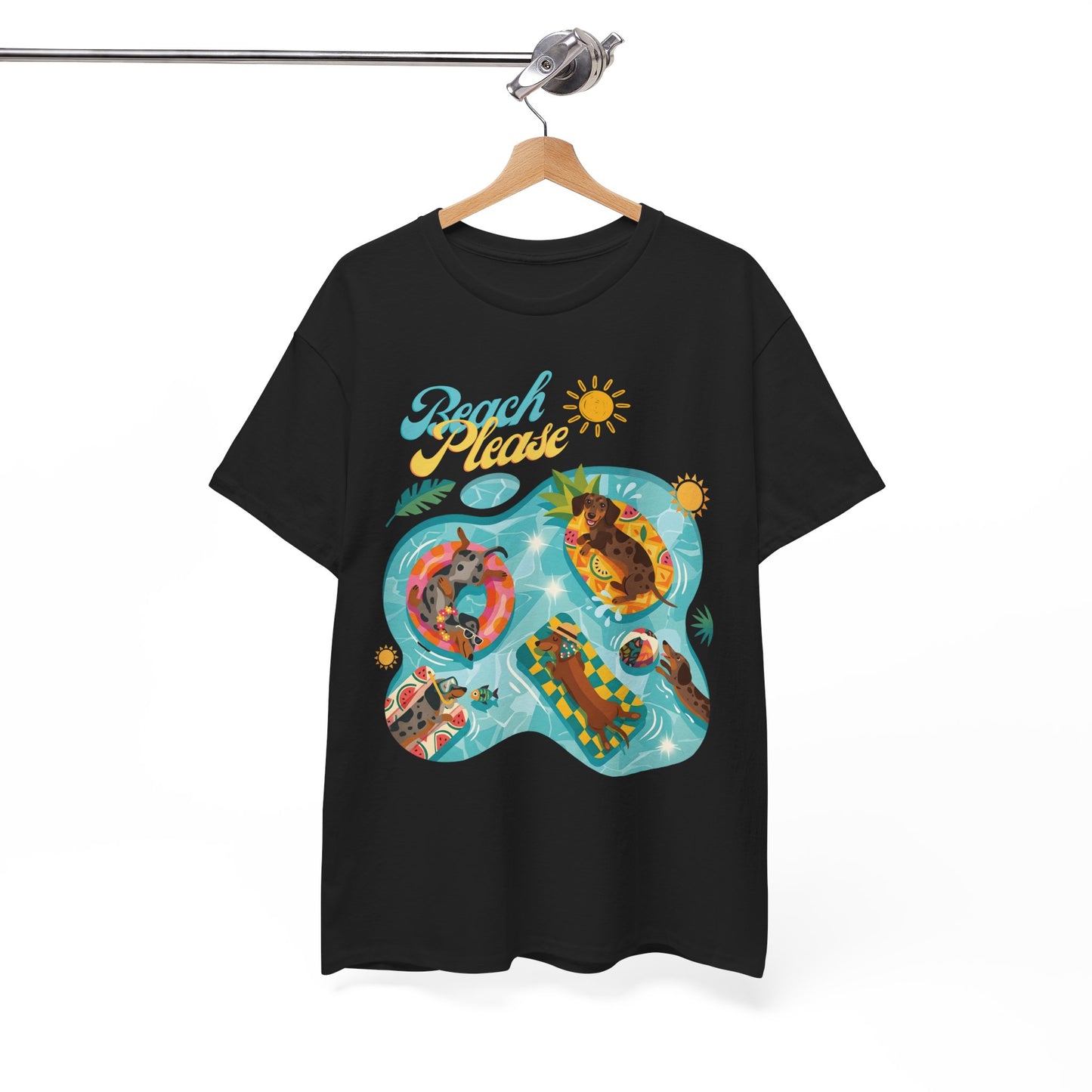 Unisex Beach Please Dachshund T-Shirt, Funny Weiner Dog Summer Shirt, Doxie Pool Party Tee, Cute Dog Lover Gift, Summer Vacation Top, Sausage Dog Graphic Tee