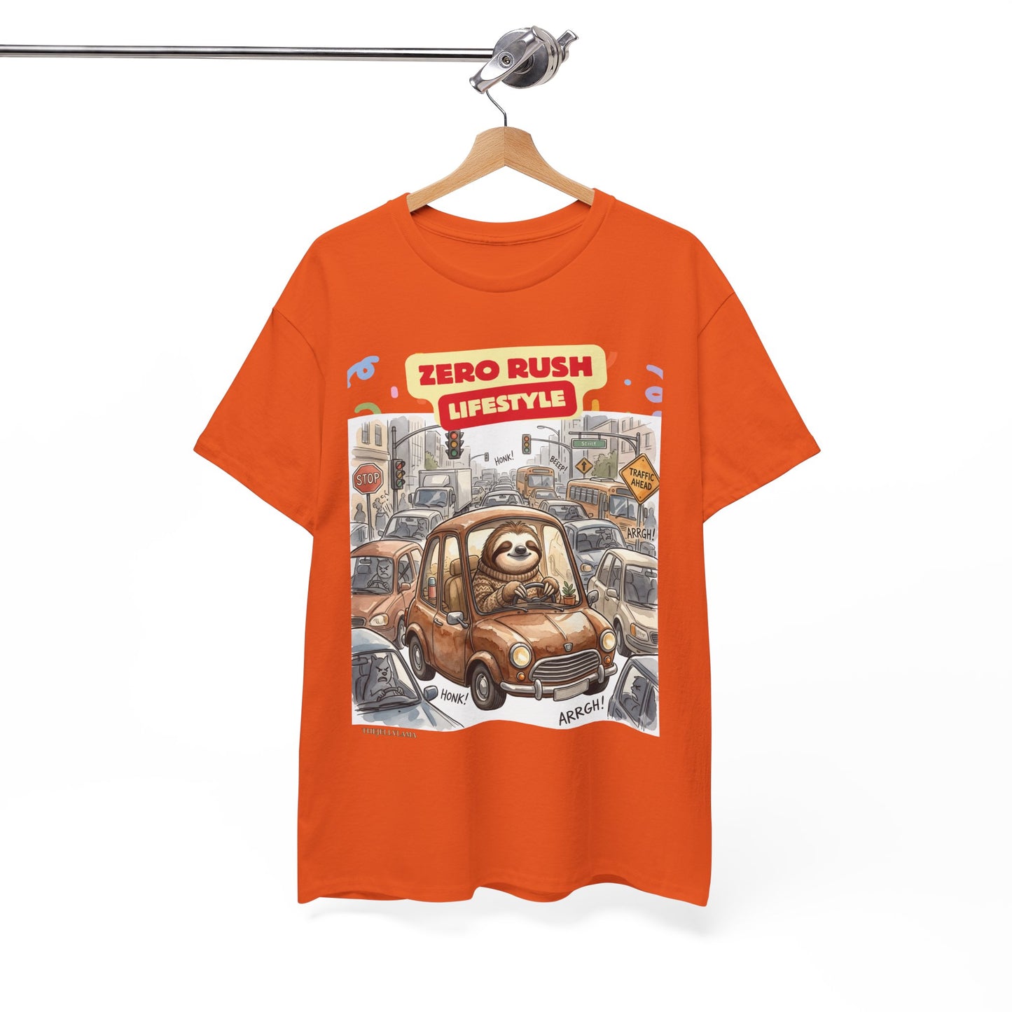 Zero Rush Lifestyle Tee — Cute Sloth Driving Graphic T-Shirt