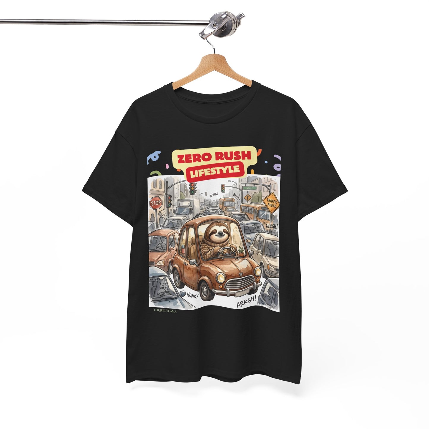 Zero Rush Lifestyle Tee — Cute Sloth Driving Graphic T-Shirt