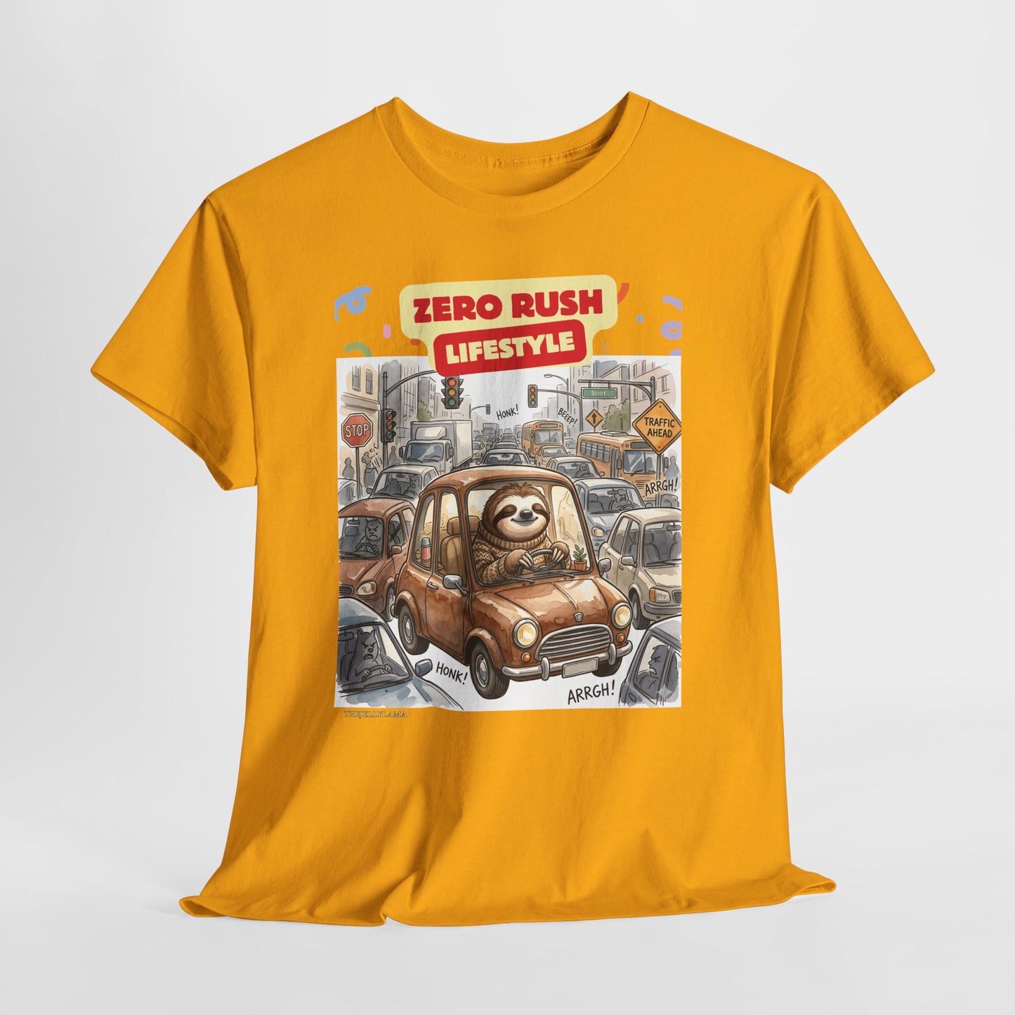Zero Rush Lifestyle Tee — Cute Sloth Driving Graphic T-Shirt