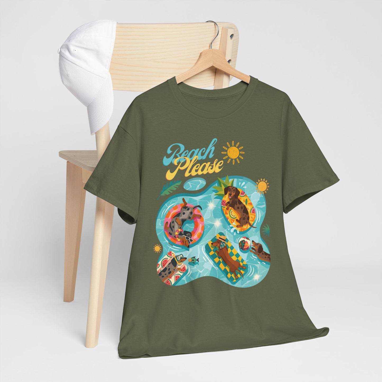 Unisex Beach Please Dachshund T-Shirt, Funny Weiner Dog Summer Shirt, Doxie Pool Party Tee, Cute Dog Lover Gift, Summer Vacation Top, Sausage Dog Graphic Tee