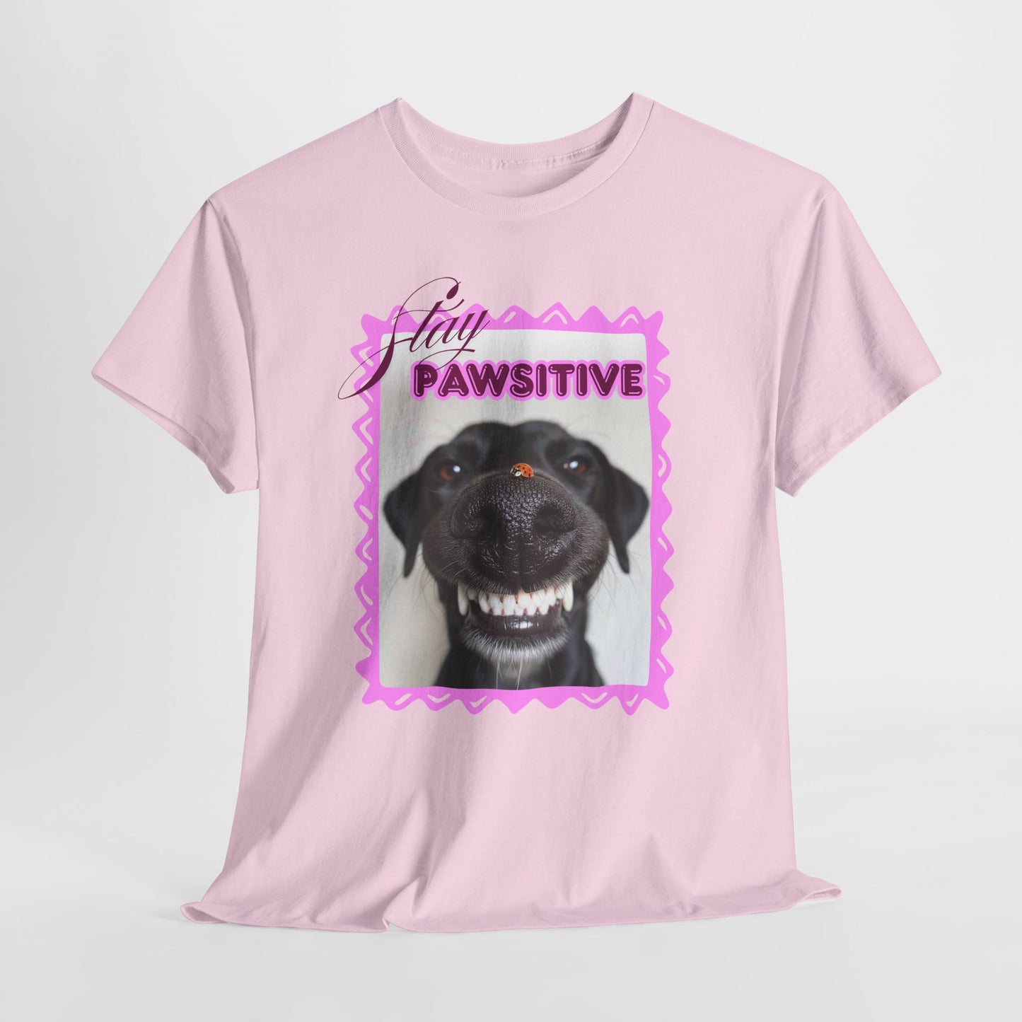 Stay Pawsitive Dog Shirt, Funny Smiling Dog T-Shirt, Gift for Dog Lover, Black Dog with Ladybug Graphic Tee