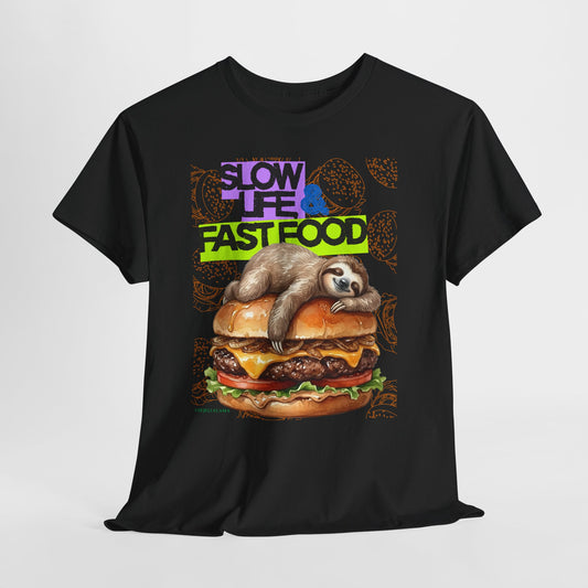 Sloth Burger Tee — "Slow Life & Fast Food" Graphic T-Shirt