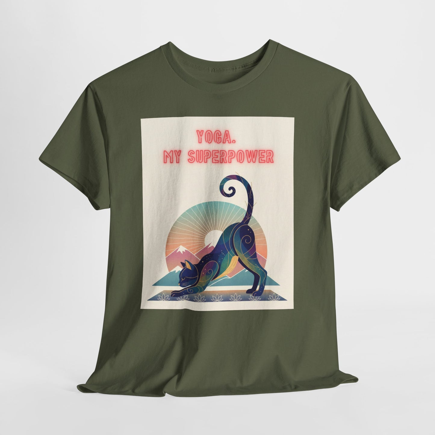 Yoga My Superpower T-Shirt — Vintage Sunset Downward Cat Tee