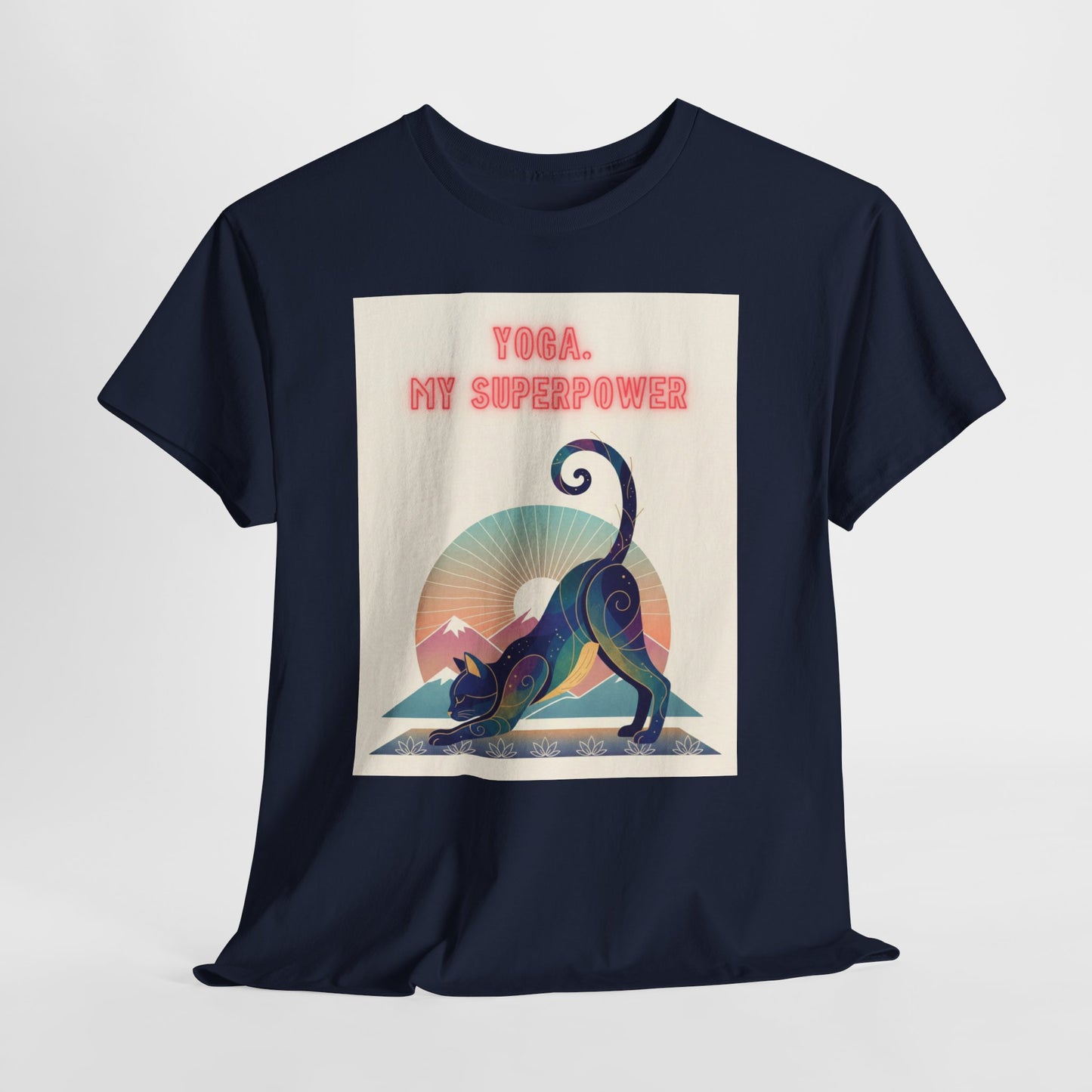 Yoga My Superpower T-Shirt — Vintage Sunset Downward Cat Tee