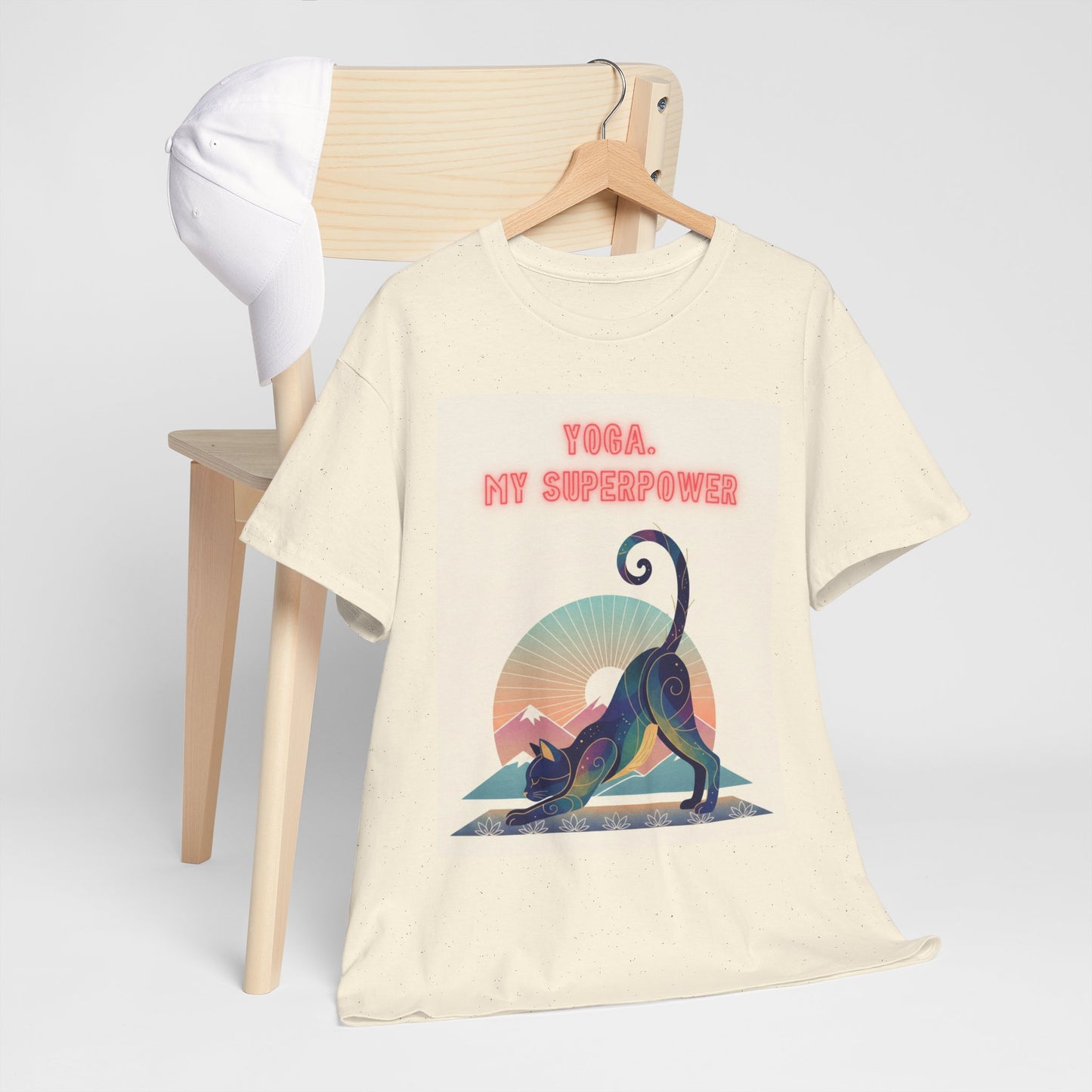 Yoga My Superpower T-Shirt — Vintage Sunset Downward Cat Tee