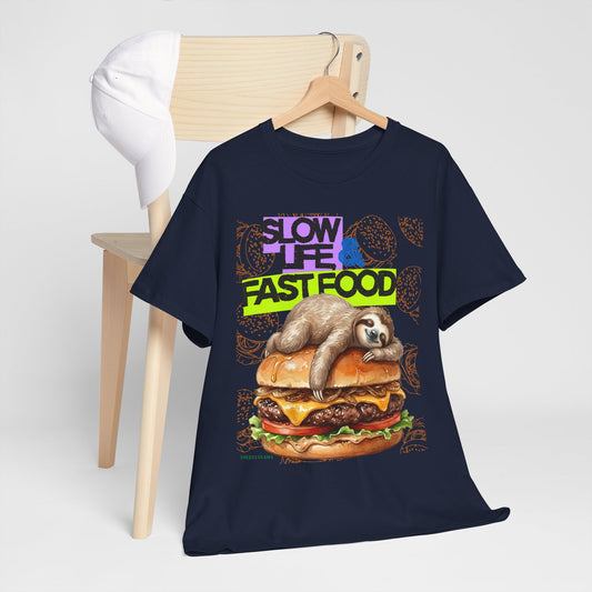 Sloth Burger Tee — "Slow Life & Fast Food" Graphic T-Shirt