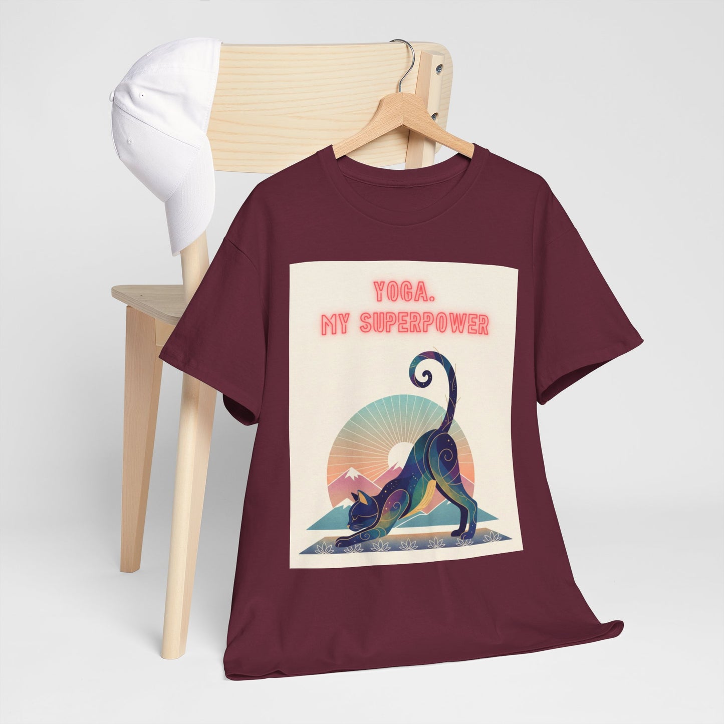 Yoga My Superpower T-Shirt — Vintage Sunset Downward Cat Tee