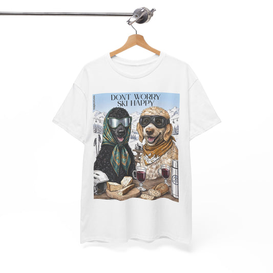 Skiing Dogs T-Shirt, Don't Worry Ski Happy, Winter Sports Apparel, Funny Poodle Skiing Tee, Après Ski Outfit, Gift for Dog Lovers, Mountain Life Shirt, Skier Gift Idea, Retro Ski Lodge Style, Graphic...