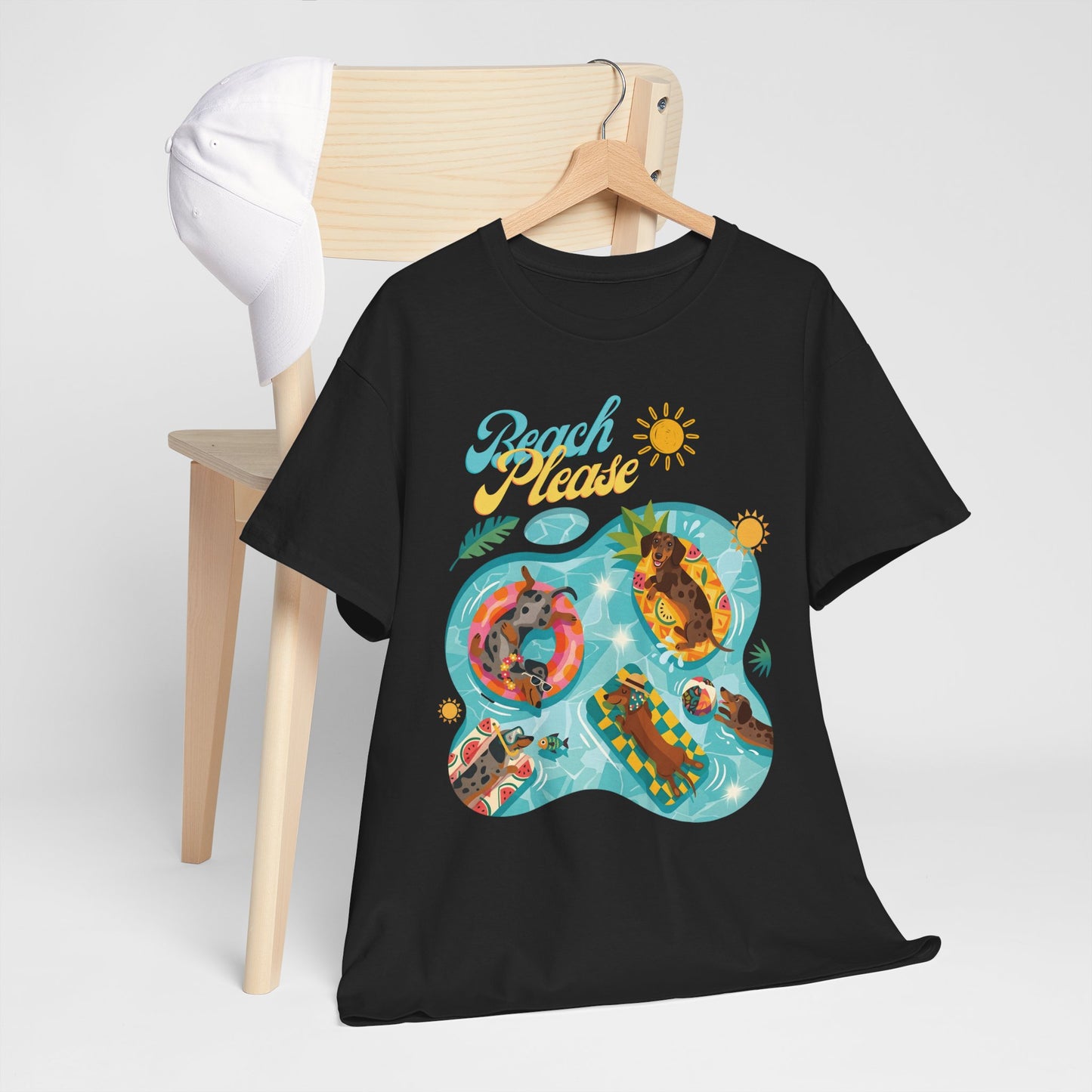 Unisex Beach Please Dachshund T-Shirt, Funny Weiner Dog Summer Shirt, Doxie Pool Party Tee, Cute Dog Lover Gift, Summer Vacation Top, Sausage Dog Graphic Tee