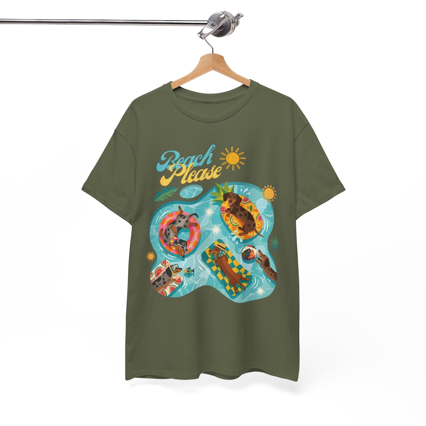 Unisex Beach Please Dachshund T-Shirt, Funny Weiner Dog Summer Shirt, Doxie Pool Party Tee, Cute Dog Lover Gift, Summer Vacation Top, Sausage Dog Graphic Tee