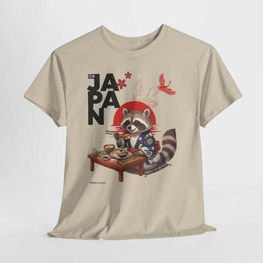 Cute Raccoon Sushi T-Shirt - Japanese Aesthetics Kawaii Trash Panda Kimono Art - Unisex Graphic Tee - Zen Raccoon Eating sushi