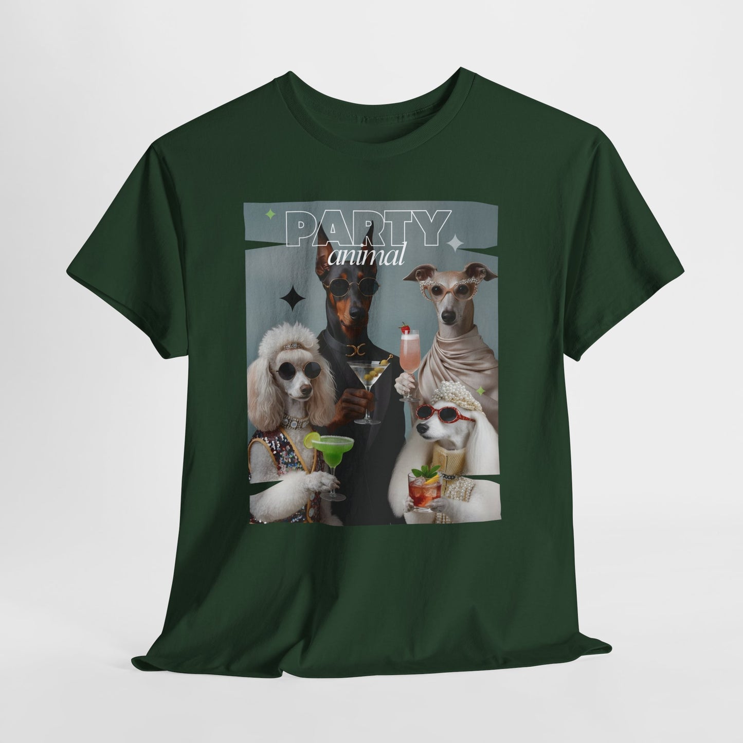 Unisex T-Shirt —Fashionable Dogs Holding Cocktails Graphic Shirt – Unique Gift for Whippet & Poodle Owners