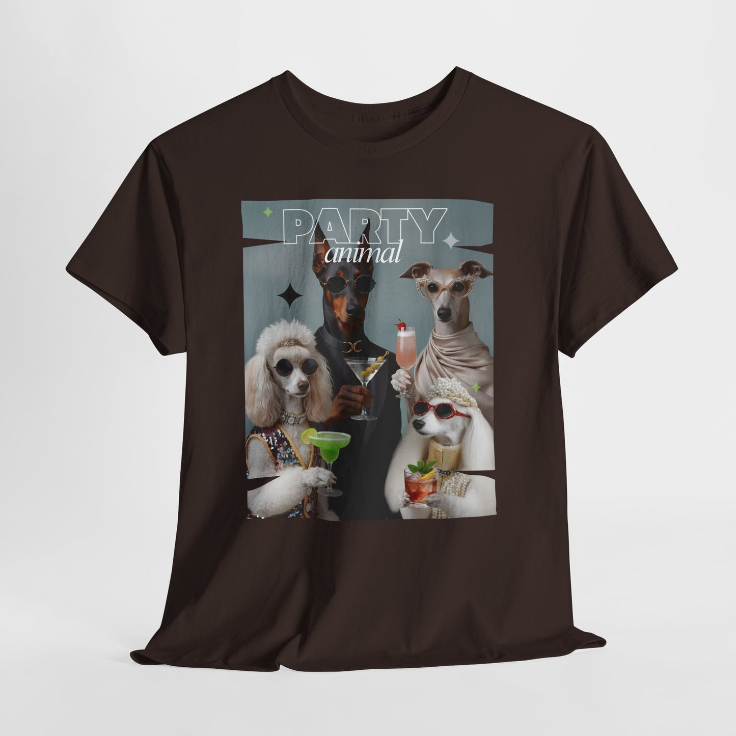 Unisex T-Shirt —Fashionable Dogs Holding Cocktails Graphic Shirt – Unique Gift for Whippet & Poodle Owners