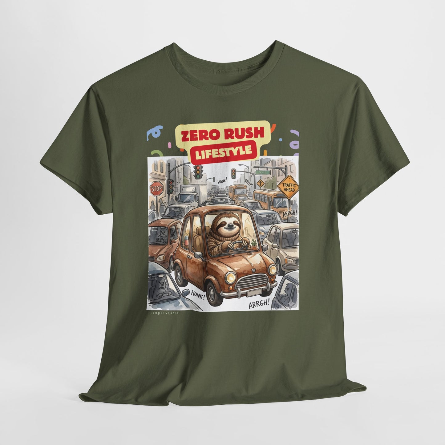 Zero Rush Lifestyle Tee — Cute Sloth Driving Graphic T-Shirt