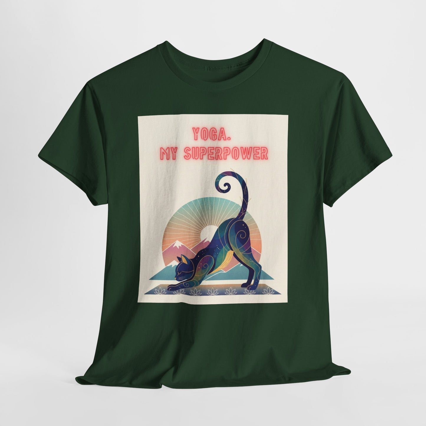 Yoga My Superpower T-Shirt — Vintage Sunset Downward Cat Tee