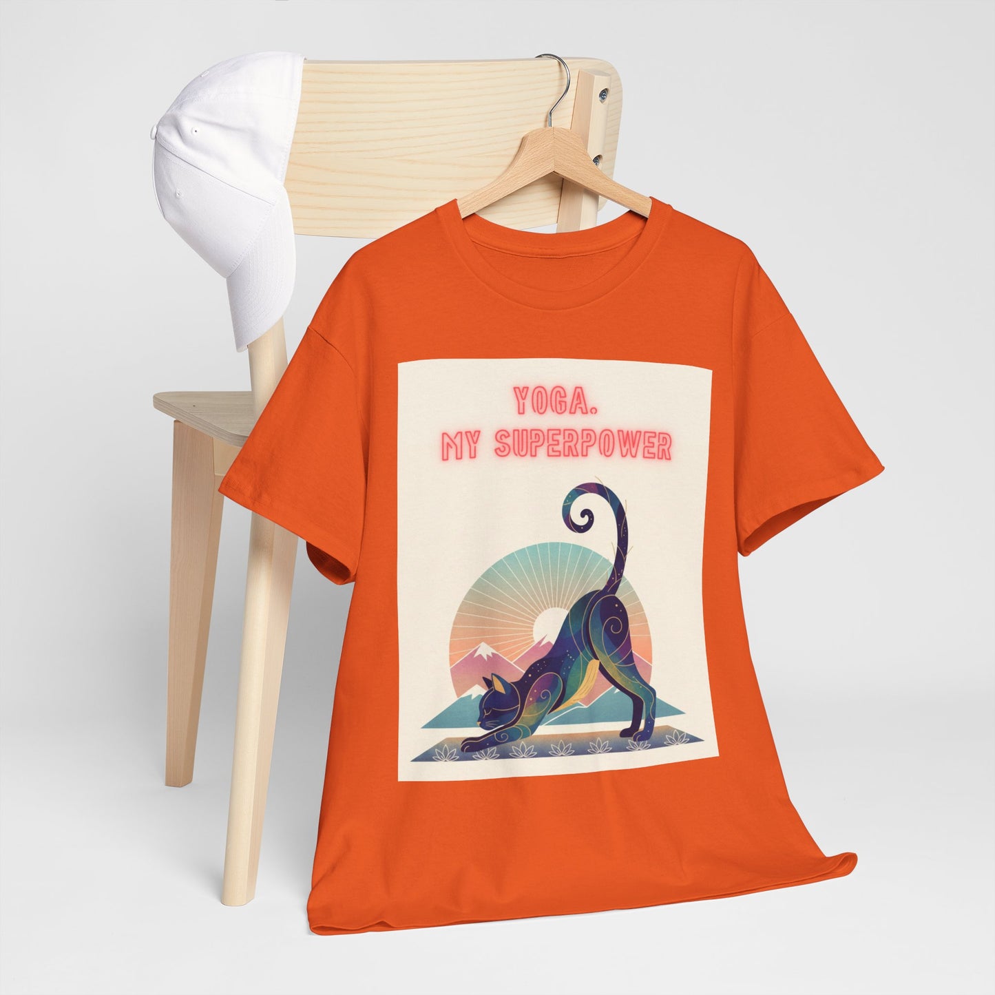 Yoga My Superpower T-Shirt — Vintage Sunset Downward Cat Tee