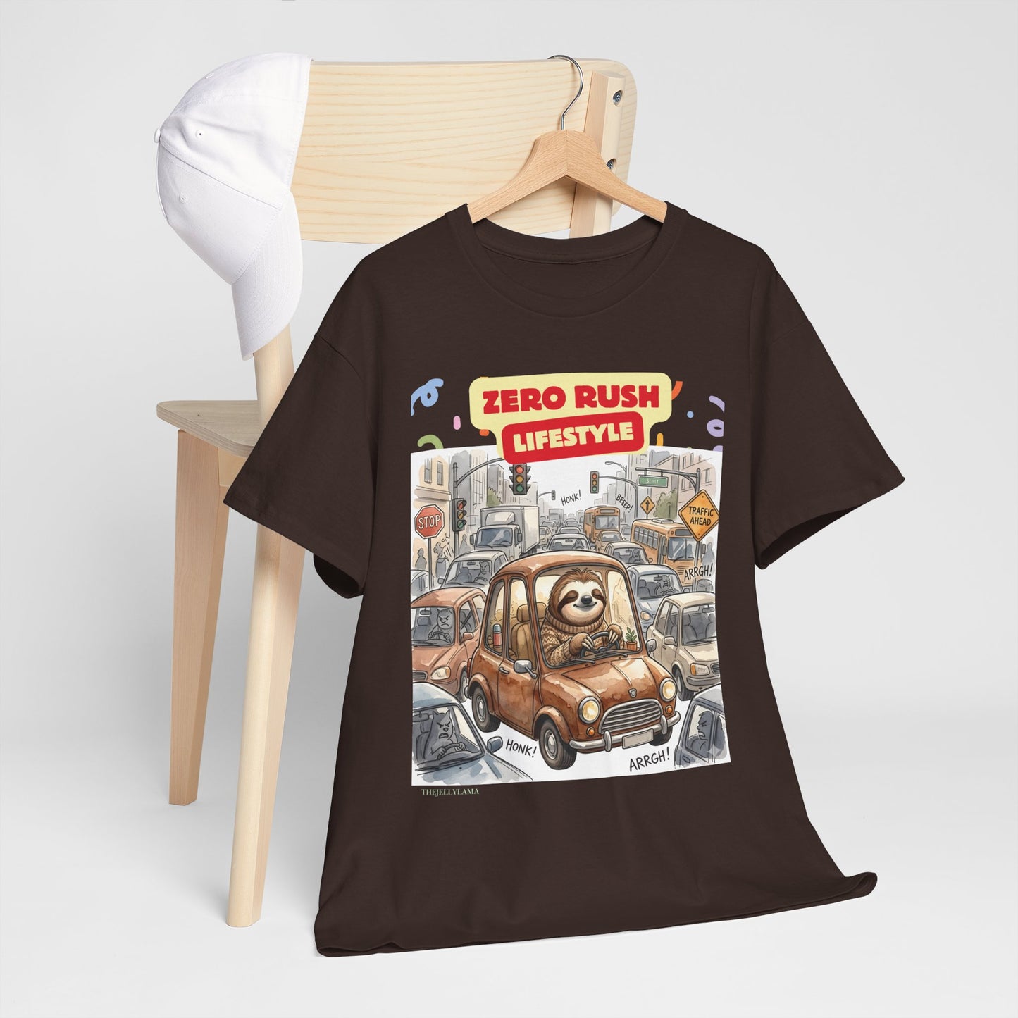 Zero Rush Lifestyle Tee — Cute Sloth Driving Graphic T-Shirt