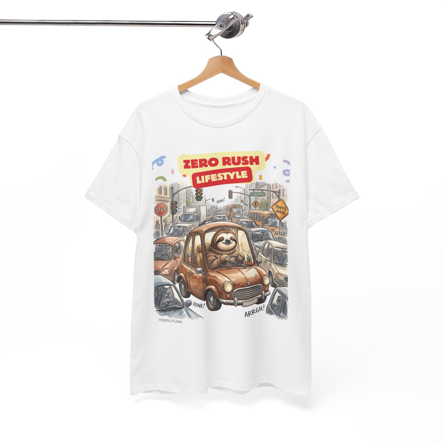 Zero Rush Lifestyle Tee — Cute Sloth Driving Graphic T-Shirt